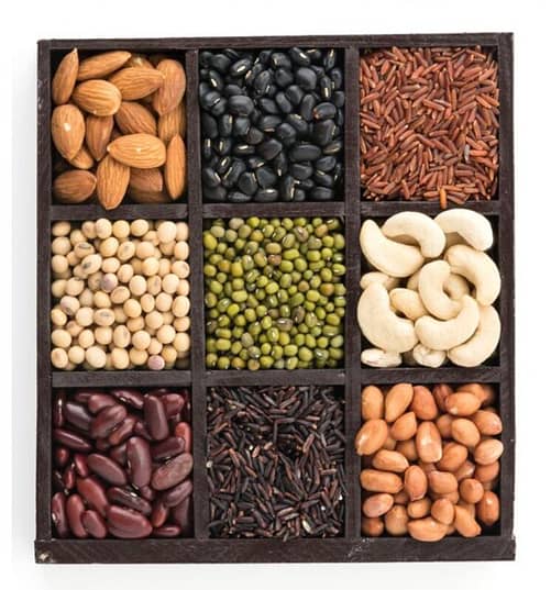 Almond, whole grains and beans are high in Vitamin B7, Vitamin E and Keratin