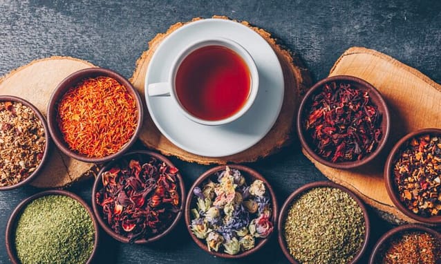Herbal tea with different herbs and spices