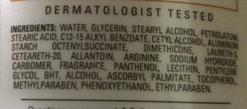 Ingredients list of a body lotion