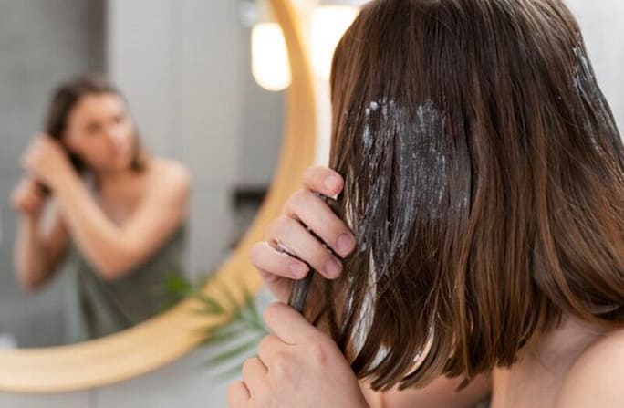 0A673740-C743-4CD5-89D7-184DA765E546 Woman applying a natural deep conditioner into her hair