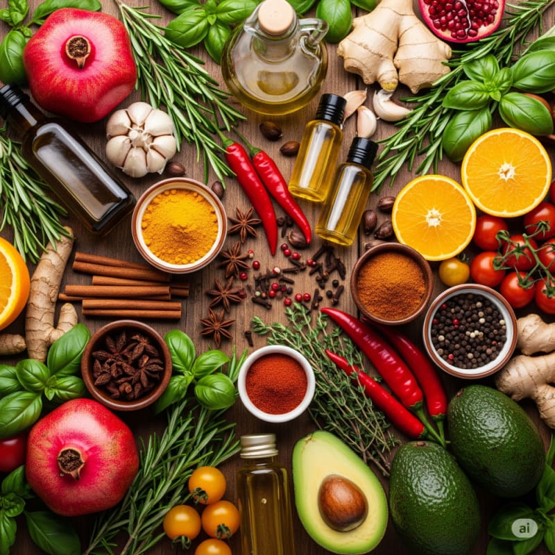 A collection of natural ingredients like avocado, lemon, chili, onion, ginger, tomato